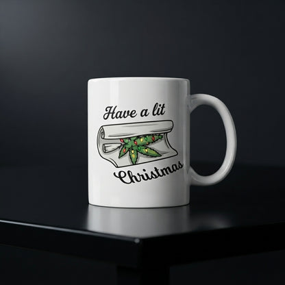 Funny Weed Christmas Coffee Mug - "Have A Lit Christmas" Cannabis Leaf White Ceramic Tea Cup - Holiday Stoner Gift