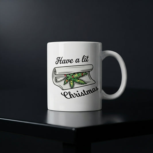 Funny Weed Christmas Coffee Mug - "Have A Lit Christmas" Cannabis Leaf White Ceramic Tea Cup - Holiday Stoner Gift