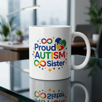 Proud Autism Sister Ceramic Coffee Mug – Colorful Neurodiversity Support Tea Cup & Meaningful Gift for Sister