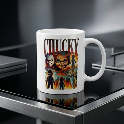 Chucky Child's Play Vintage Horror Movie Collage White Ceramic Mug - Spooky Killer Doll Halloween Coffee Cup (11oz)