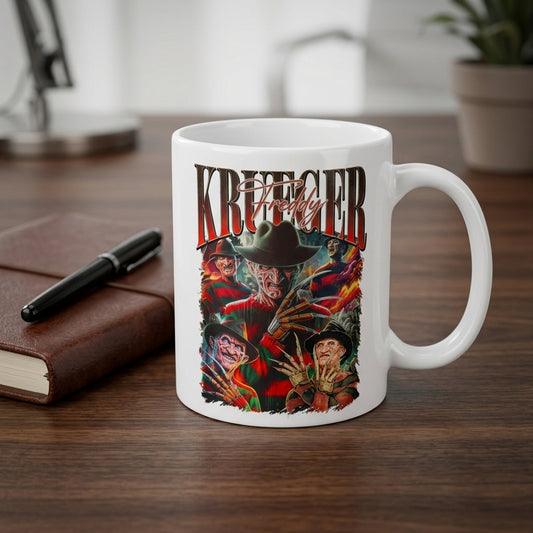 Freddy Krueger Vintage Horror Graphic Collage Premium White Ceramic Coffee Mug - Classic Horror Movie Fan Tea Cup (11oz)