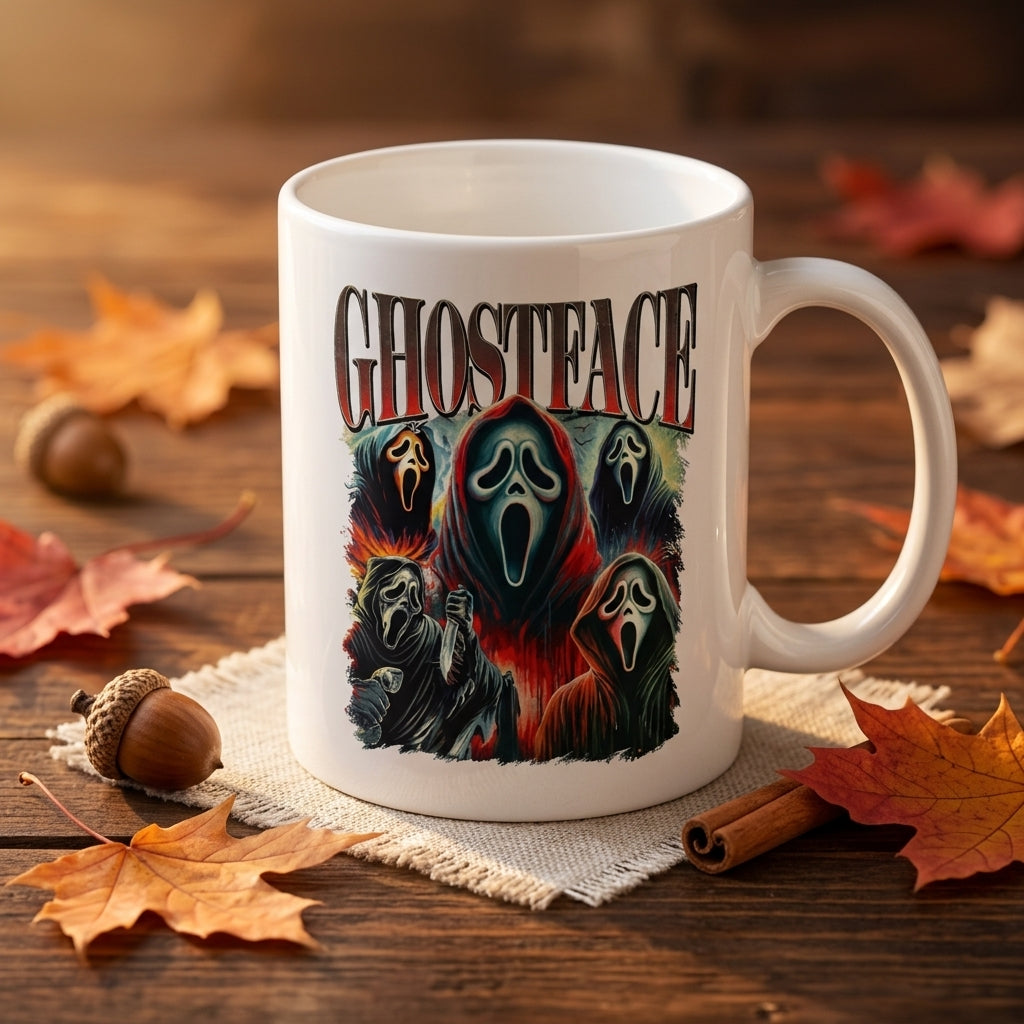 Ghostface Scream Classic Horror Movie Collage White Ceramic Mug - Spooky Vintage Halloween Coffee Cup (11oz)