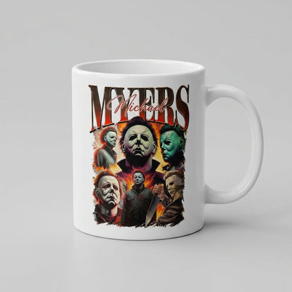 Michael Myers Vintage Bootleg Rap-Style Horror Collage White Ceramic Mug - Spooky Slasher Halloween Coffee Cup (11oz)