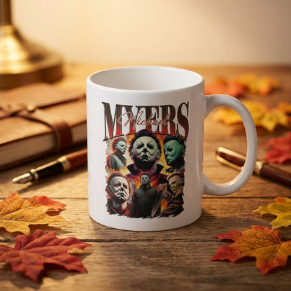 Michael Myers Vintage Bootleg Rap-Style Horror Collage White Ceramic Mug - Spooky Slasher Halloween Coffee Cup (11oz)