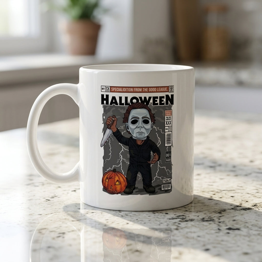 Michael Myers Comic Book Cover Special Edition Halloween Graphic White Ceramic Mug - Spooky Slasher Coffee Cup (11oz)