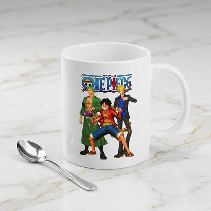 One Piece Monster Trio Luffy Zoro Sanji Graphic White Ceramic Mug - Straw Hat Pirates Anime Coffee Cup (11oz)