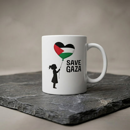 Save Gaza Girl with Palestine Heart Balloon White Ceramic Coffee Mug - Emotional Solidarity Graphic Drinkware Cup (11oz)