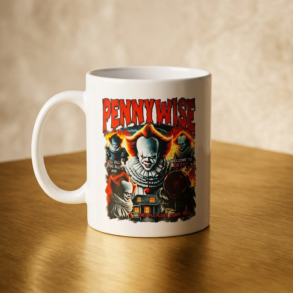 Pennywise IT Chapter Movie Graphic White Ceramic Mug - Vintage Horror Clown Halloween Coffee Cup (11oz)