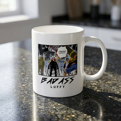 One Piece Badass Luffy Marineford Manga Panel White Ceramic Mug - Anime Straw Hat Pirates Coffee Cup (11oz)