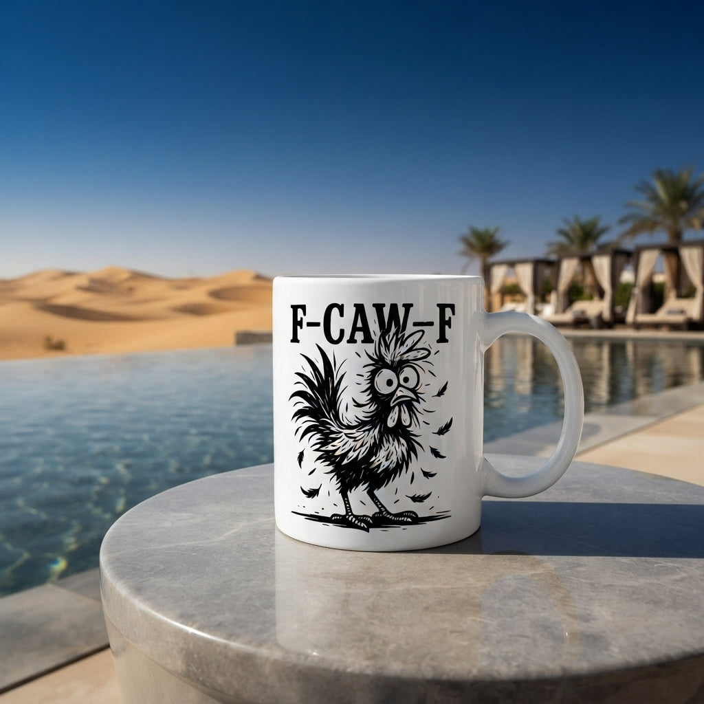 F-CAW-F Ruffled Chicken Mug – Black & White Sketch Style Rooster Ceramic Coffee Cup, Bold Line Art Gift