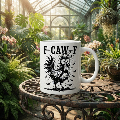 F-CAW-F Ruffled Chicken Mug – Black & White Sketch Style Rooster Ceramic Coffee Cup, Bold Line Art Gift