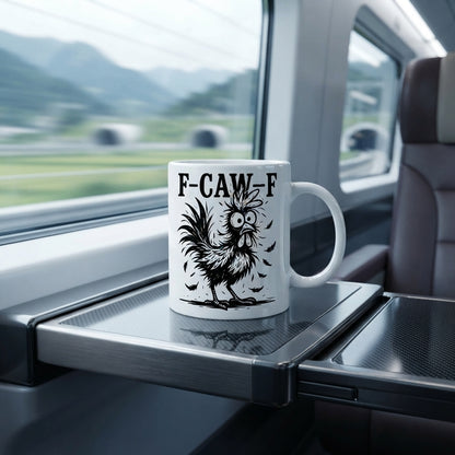 F-CAW-F Ruffled Chicken Mug – Black & White Sketch Style Rooster Ceramic Coffee Cup, Bold Line Art Gift