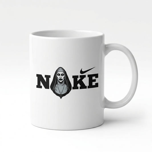 The Nun Horror Character Parody Typography Premium White Ceramic Coffee Mug - Dark Spoof Graphic Tea Cup (11oz)