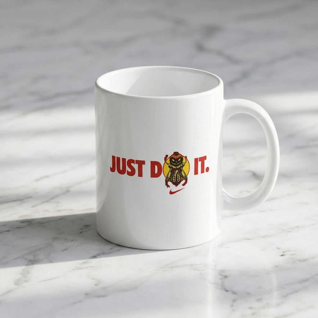 Just Do It Insect Beetle Parody Graphic White Ceramic Mug - Fun Streetwear Inspired Coffee Cup (11oz)