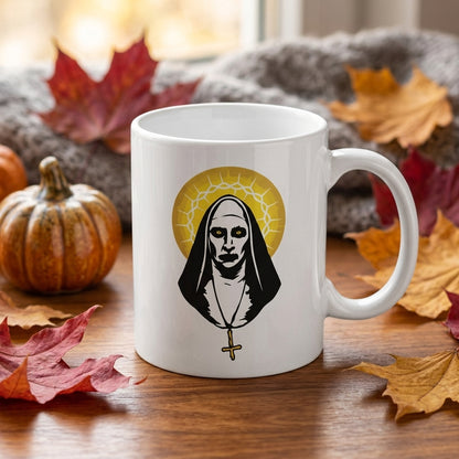 The Nun Valak Spooky Golden Halo Graphic White Ceramic Mug - Creepy Conjuring Horror Movie Coffee Cup (11oz)