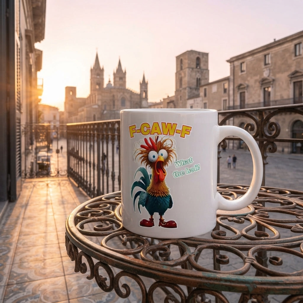 Shocked Rooster "What The Hell" Mug – Funny Cartoon Chicken Ceramic Coffee Cup, Humorous Novelty Gift