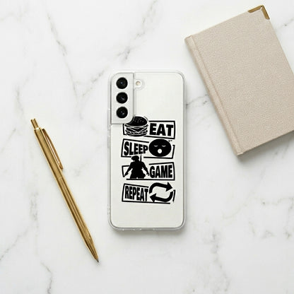 Samsung Clear Case – "EAT SLEEP GAME REPEAT" Gamer Typography Cover