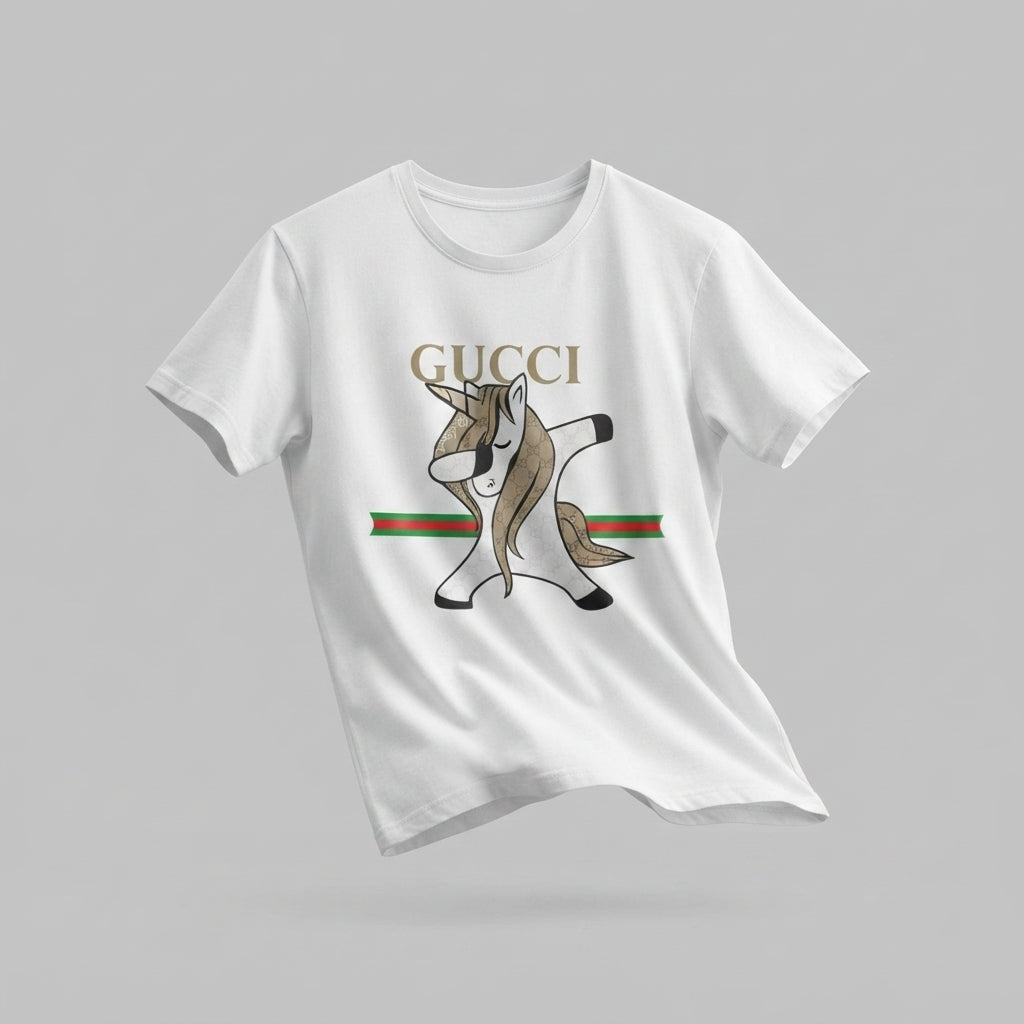 Dabbing Unicorn in Luxury Monogram Mane Graphic T-Shirt - Unisex Premium Cotton Streetwear Tee (Black, White, Blue | XS to 4XL)