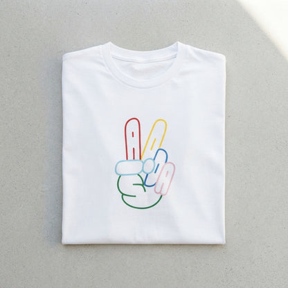 Colorful Neon Peace Sign Hand Graphic T-Shirt - Vibrant ADA Typography Cotton Crew Neck Tee in Black & White