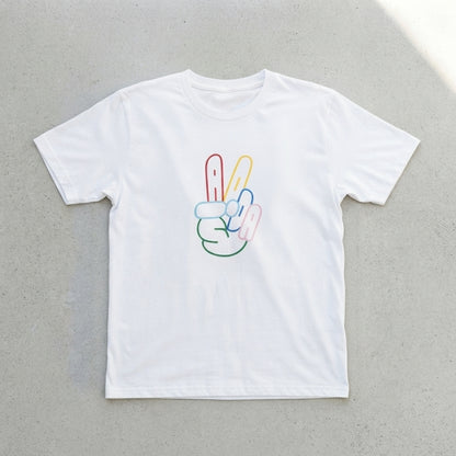 Colorful Neon Peace Sign Hand Graphic T-Shirt - Vibrant ADA Typography Cotton Crew Neck Tee in Black & White