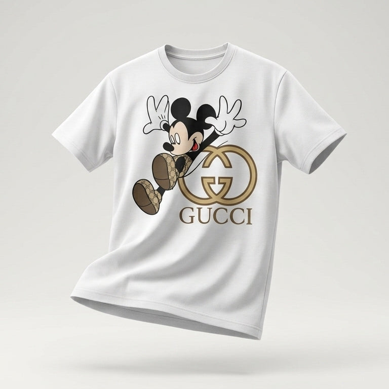Jumping Mickey Mouse in Monogram Shoes Graphic T-Shirt - Blue & White Unisex Cotton Fashion Parody Streetwear Tee