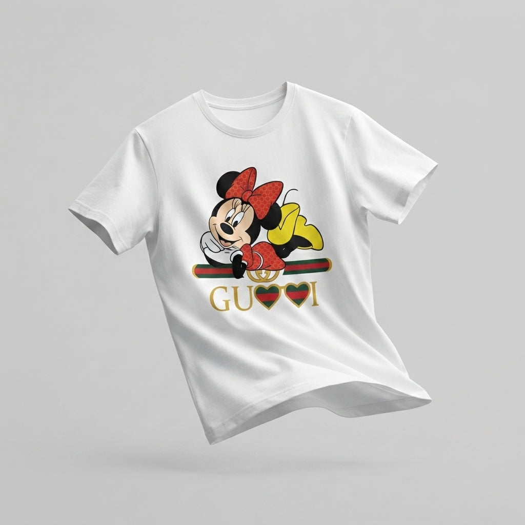 Cute Lying Minnie Mouse in Red Polka Dot Bow Graphic T-Shirt - Unisex Premium Cotton Streetwear Tee (White, Blue | XS to 4XL)