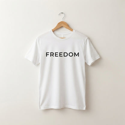 FREEDOM Minimalist Statement Typography Graphic T-Shirt - Premium Soft Cotton Crew Neck Tee in White & Blue