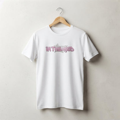 In The Hood Pink Graffiti Typography Graphic T-Shirt - Urban Streetwear Cotton Crew Neck Tee in Black & White