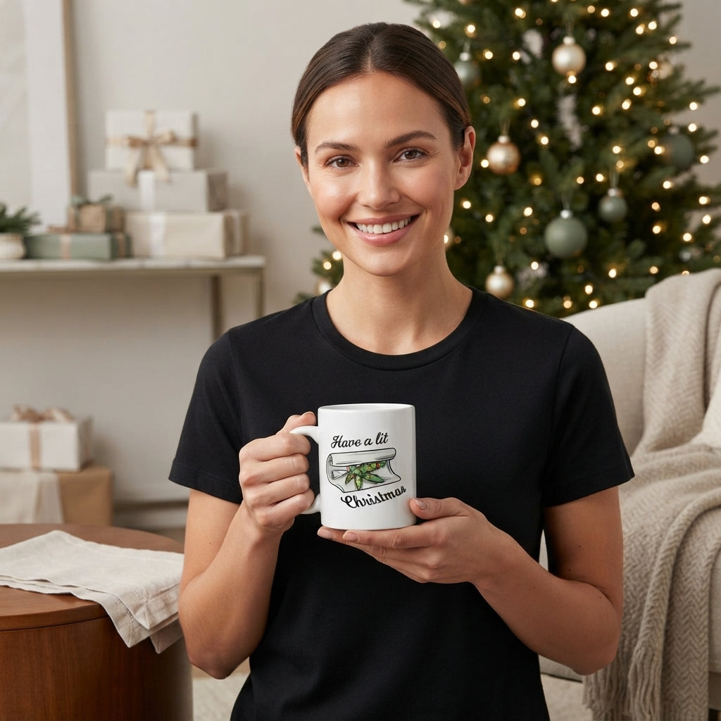 Funny Weed Christmas Coffee Mug - "Have A Lit Christmas" Cannabis Leaf White Ceramic Tea Cup - Holiday Stoner Gift
