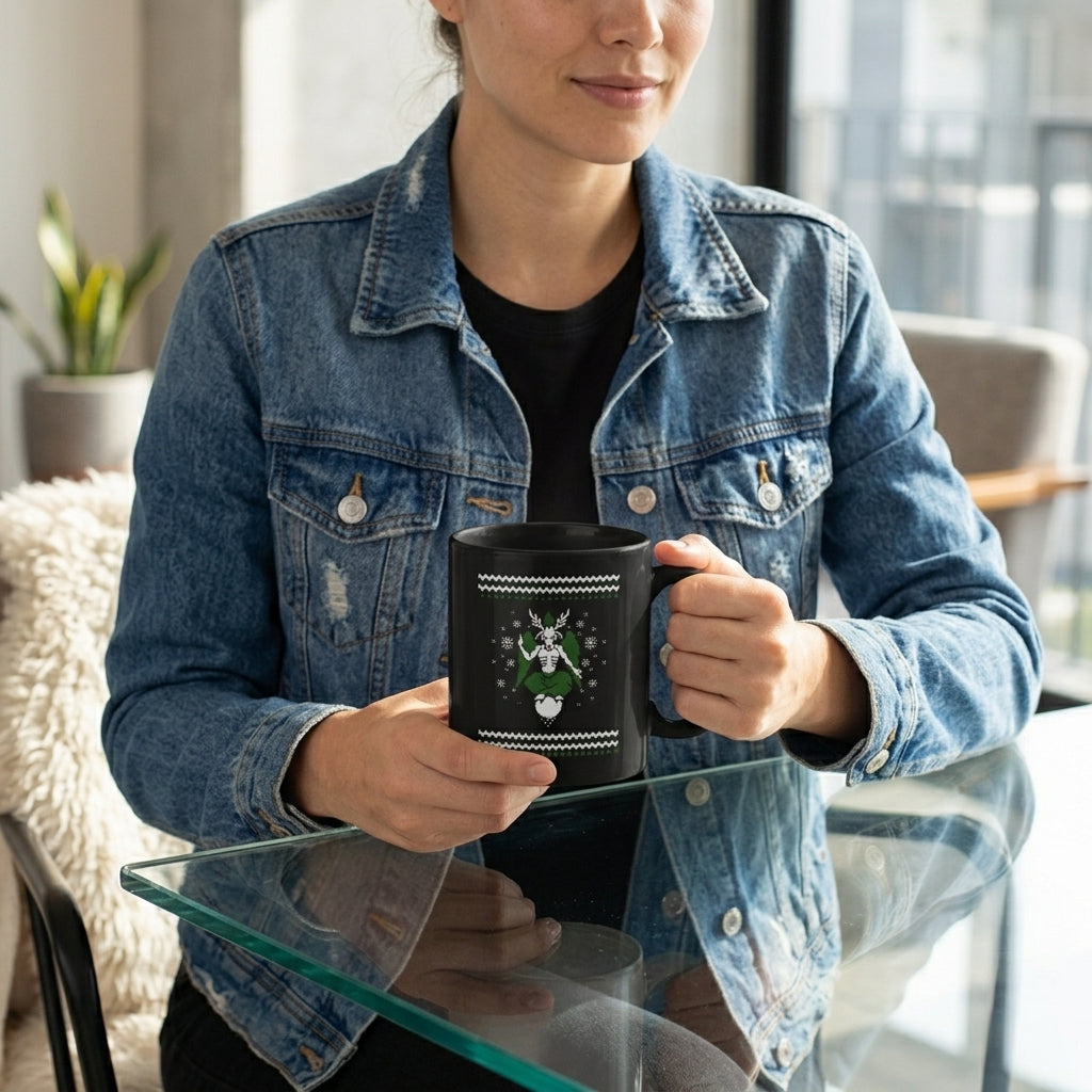 Satanic Baphomet Ugly Christmas Sweater Black Coffee Mug 11oz - Occult Antichrist Festive Holiday Ceramic Tea Cup - Alternative Gothic Christmas Gift