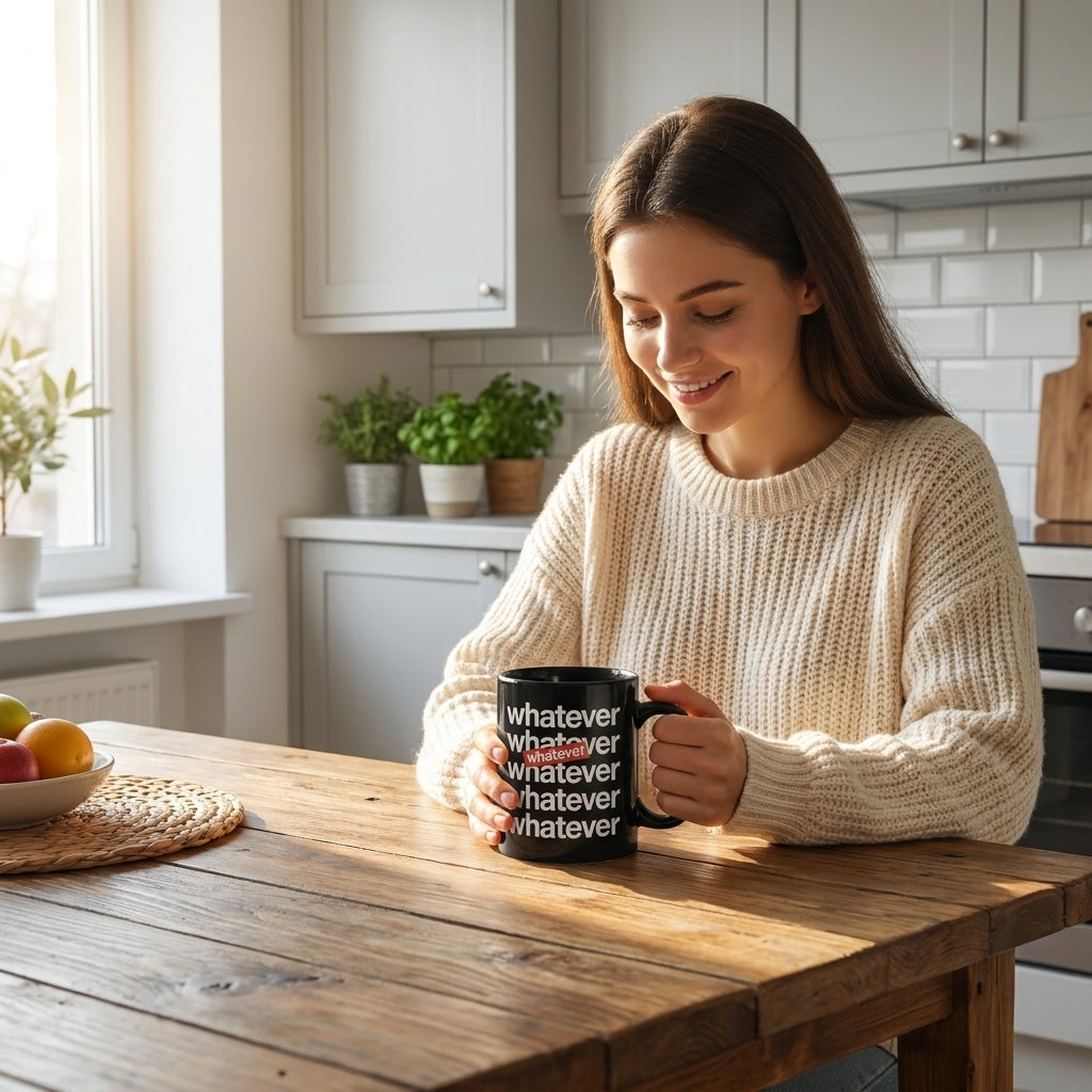 Whatever Typography Repeated Text Glossy Black Ceramic Coffee Mug - Sarcastic Humor Slogan Tea Cup for Office & Daily Use