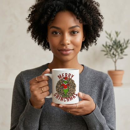 Funny "Merry Grinchmas" Christmas Coffee Mug 11oz - Leopard Print Santa Grinch White Ceramic Tea Cup - Festive Holiday Gift