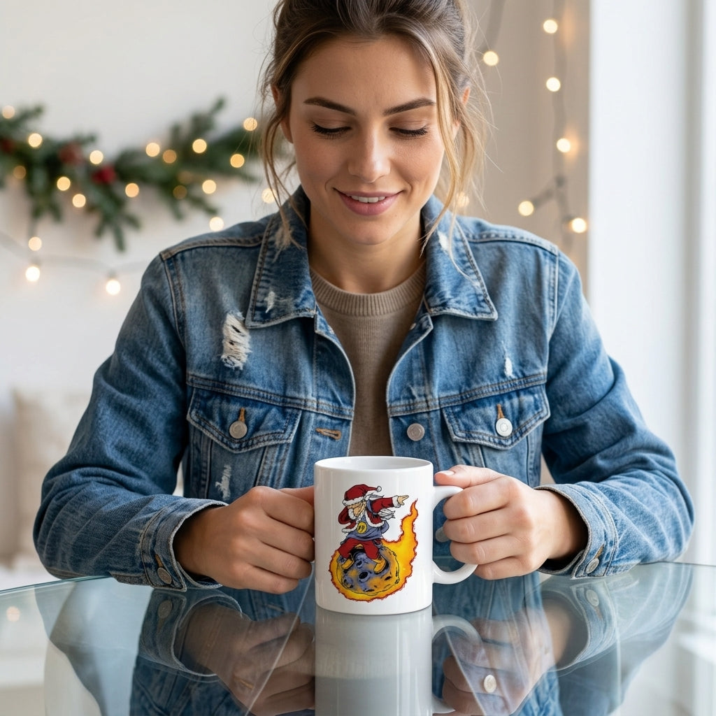 Funny Dabbing Santa Riding Meteor Coffee Mug 11oz - Space Fireball Christmas Ceramic Tea Cup - Novelty Holiday Gift
