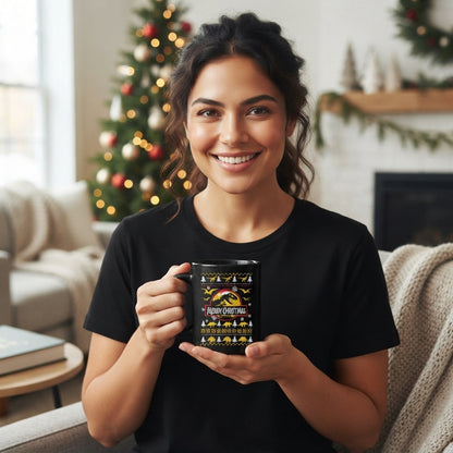 Funny Dinosaur Christmas Coffee Mug - "Merry Christmas" T-Rex Ugly Sweater Style Black Ceramic Tea Cup - Holiday Gift for Dino Lovers