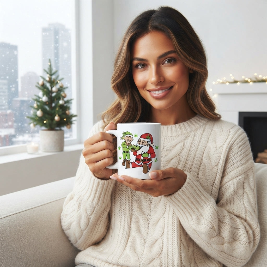 Funny Weed Santa & Elf Christmas Coffee Mug 11oz - Cannabis Leaf White Ceramic Tea Cup - Holiday Stoner Gift