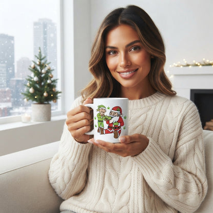 Funny Weed Santa & Elf Christmas Coffee Mug 11oz - Cannabis Leaf White Ceramic Tea Cup - Holiday Stoner Gift