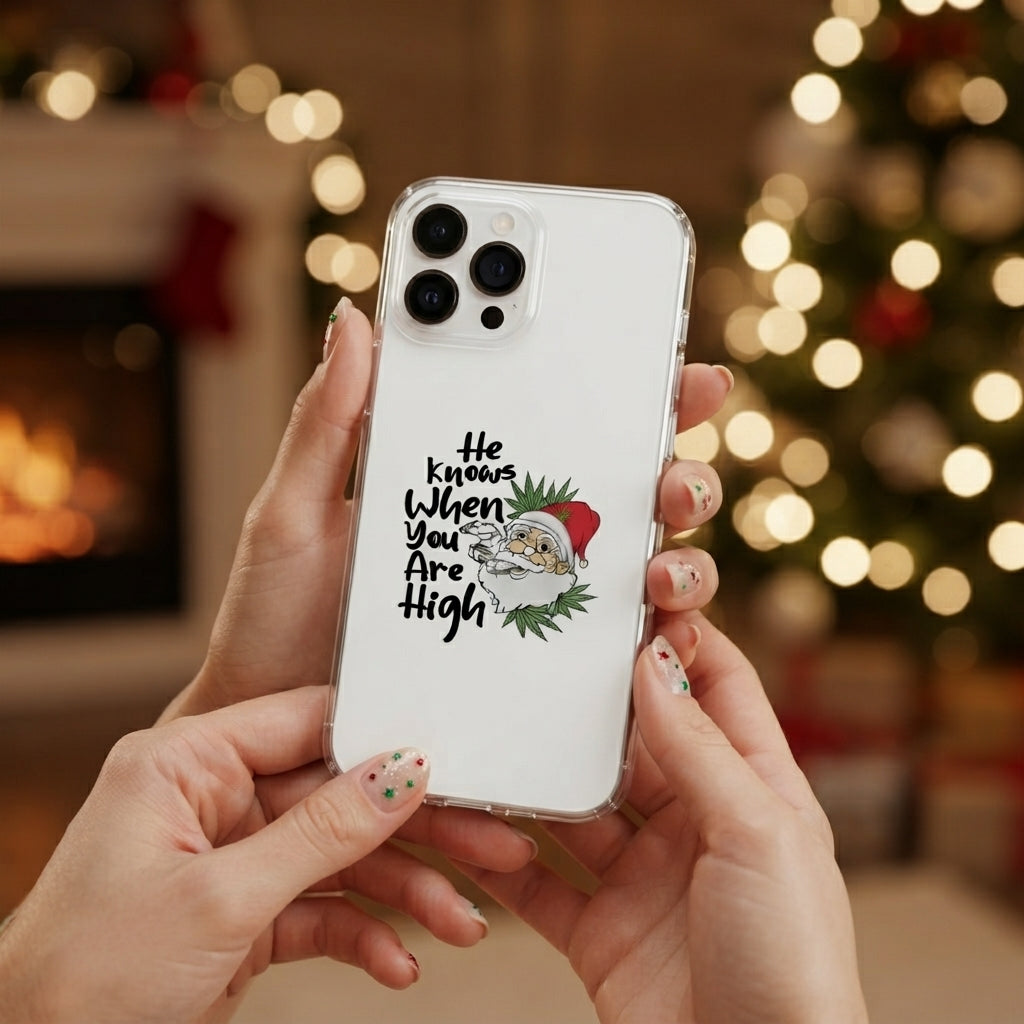 He Knows When You Are High Santa Graphic Clear Case Funny Christmas Holiday Protective Phone Cover for iPhone