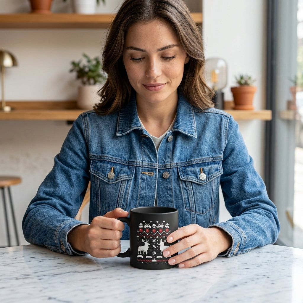Retro Pixel Gamer Ugly Christmas Sweater Coffee Mug 11oz - Black Ceramic Tea Cup