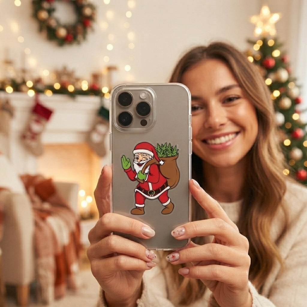Winking Santa carrying Cannabis Sack Clear Case for iPhone | Funny Weed Holiday Phone Cover