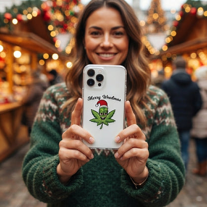 Merry Weedmas Santa Hat Leaf Graphic Clear Case Funny Christmas Holiday Protective Phone Cover for iPhone