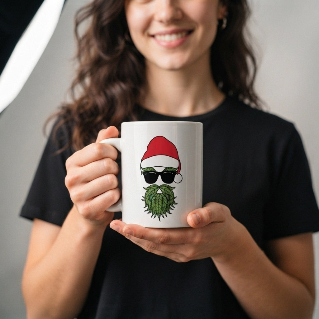 Cool Santa Sunglasses Leaf Beard Christmas Coffee Mug 11oz - White Ceramic Tea Cup
