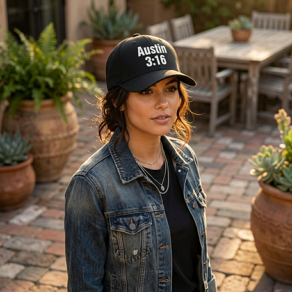 Austin 3:16 Pop Culture Graphic Baseball Cap - Retro Catchphrase Cap (White & Black)