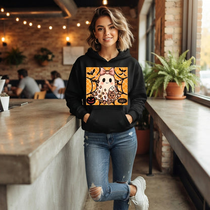 Cute Leopard Ghost Bow Pumpkin Halloween Graphic Pullover Hoodie