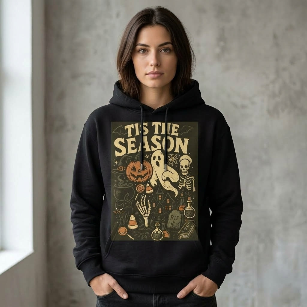 Tis The Season Spooky Collage Ghost Skeleton Pumpkin Graphic Pullover Hoodie