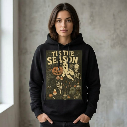 Tis The Season Spooky Collage Ghost Skeleton Pumpkin Graphic Pullover Hoodie