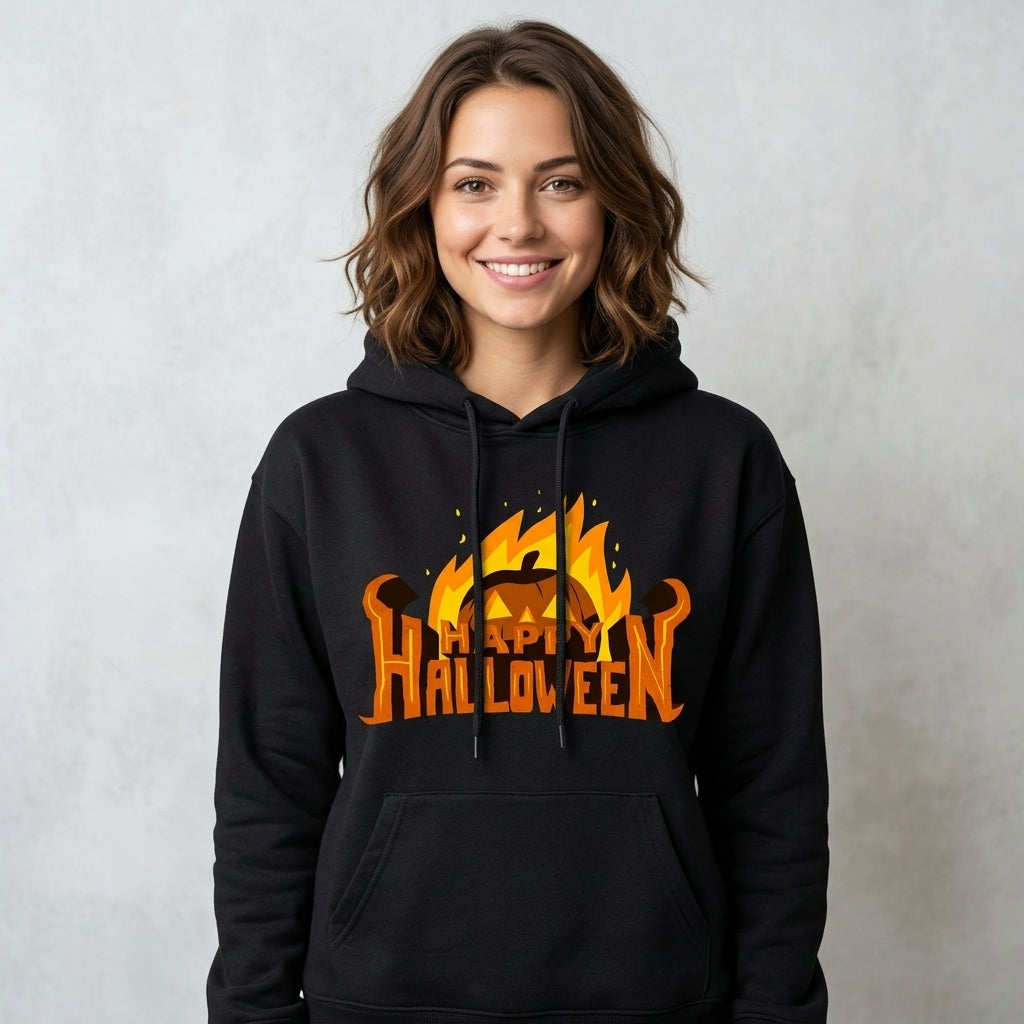Happy Halloween Flaming Pumpkin Jack-O'-Lantern Graphic Pullover Hoodie