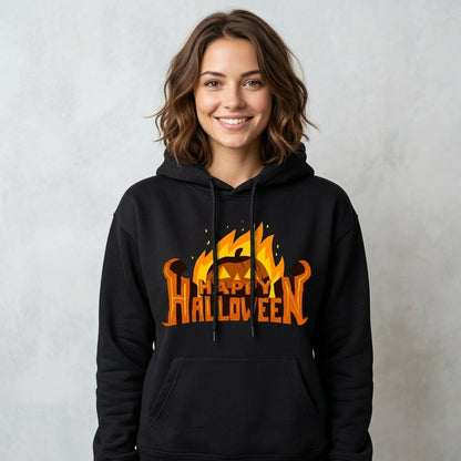 Happy Halloween Flaming Pumpkin Jack-O'-Lantern Graphic Pullover Hoodie