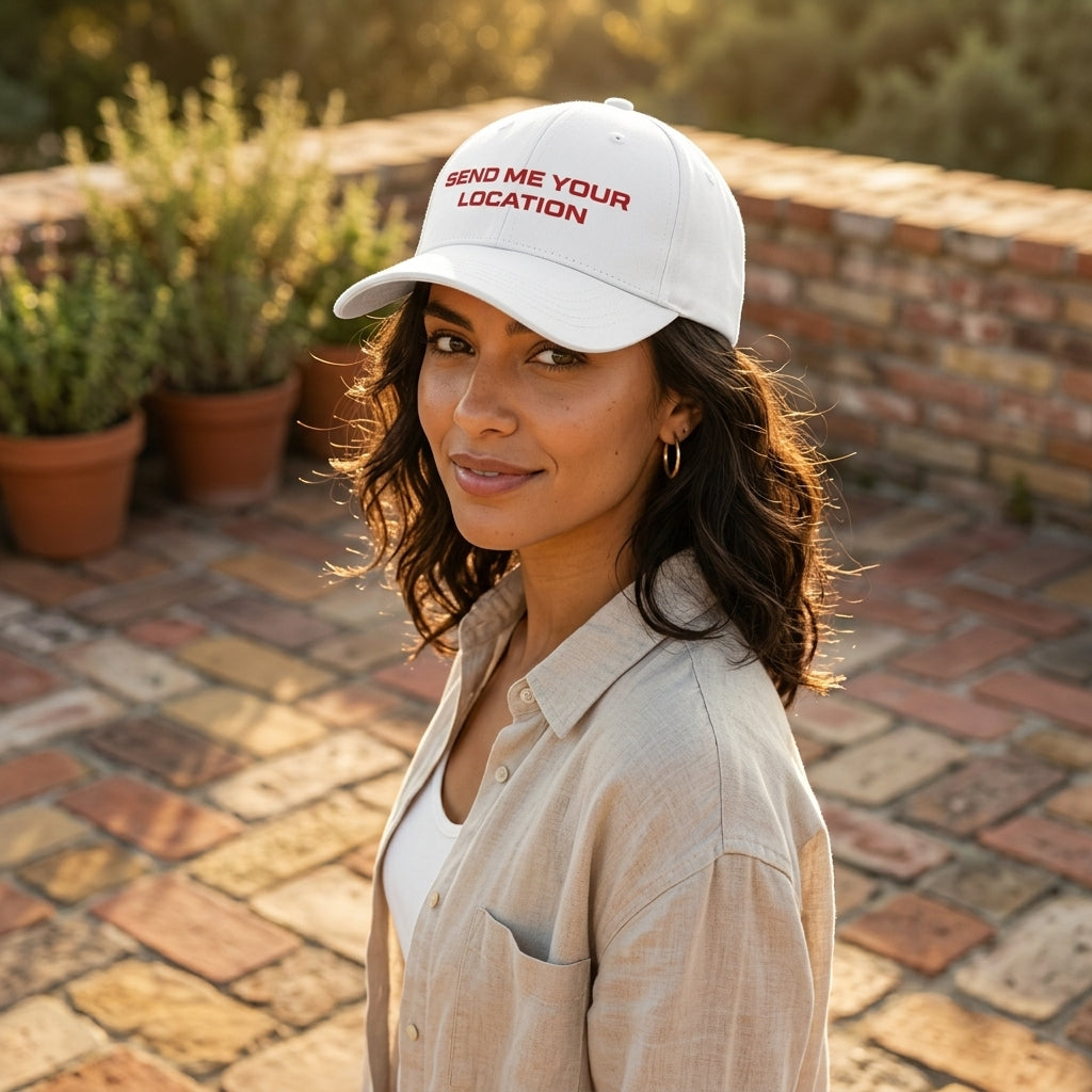 Send Me Your Location Funny Quote Baseball Cap - Viral Meme Graphic Cap (White & Black)