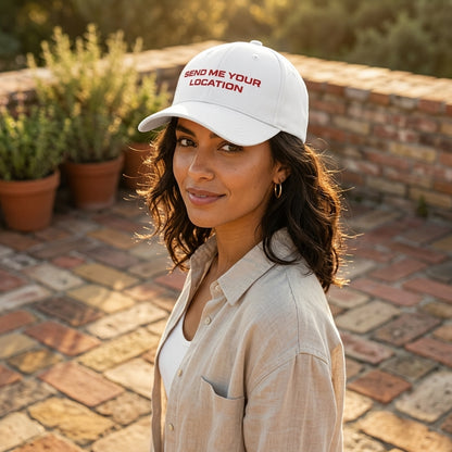 Send Me Your Location Funny Quote Baseball Cap - Viral Meme Graphic Cap (White & Black)