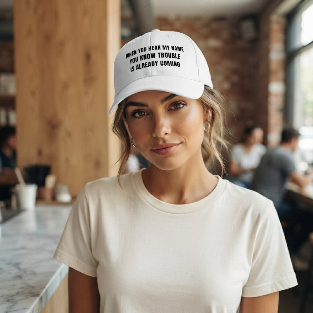 When You Hear My Name Trouble Is Coming Graphic Baseball Cap - Sarcastic Quote Cap (White)